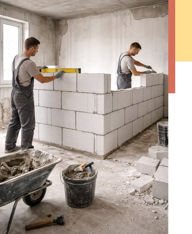 Кладка перегородок из ПГП в Барабинске от 2539 руб./м2 — монтаж и возведение под ключ | ОТДЕЛОЧНИК-Ббн