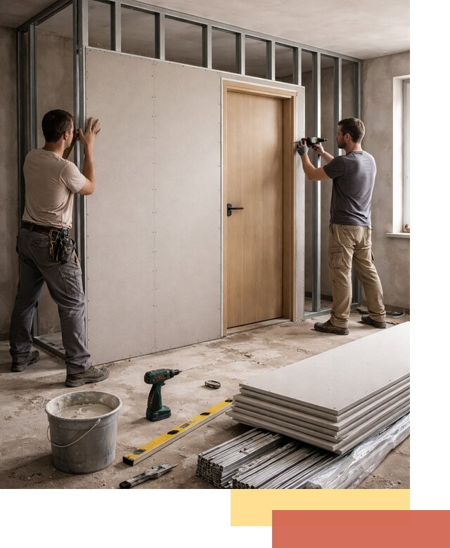 Перегородка из гипсокартона с дверью под ключ в Барабинске