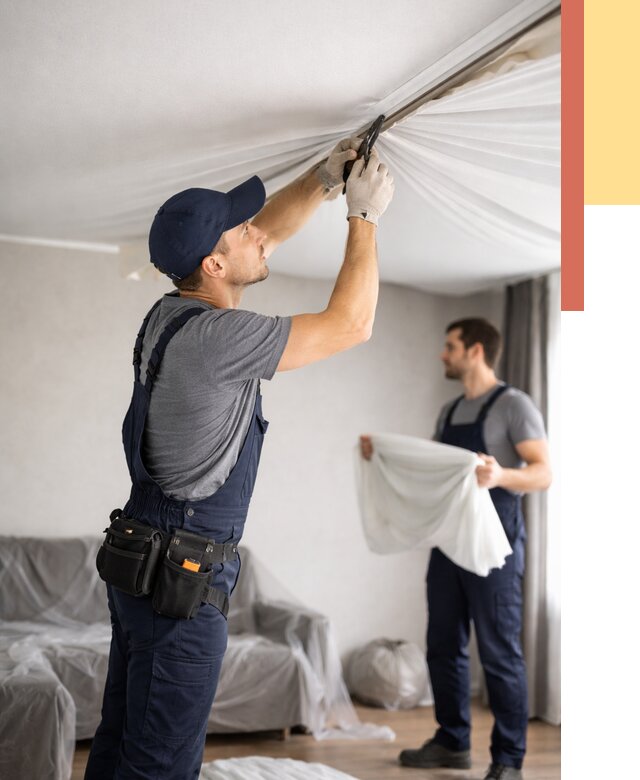 Демонтаж натяжного потолка в Барабинске от 4571 руб. — снятие и разбор под ключ | ОТДЕЛОЧНИК-Ббн