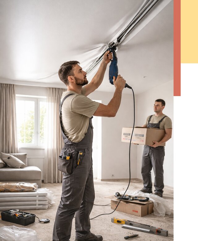 Монтаж сатинового натяжного потолка в Барабинске от 3555 руб. | Быстро, недорого — ОТДЕЛОЧНИК-Ббн