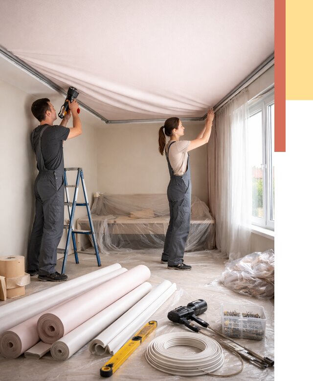 Монтаж цветного натяжного потолка в Барабинске от 4266 руб/м² — быстро и недорого | ОТДЕЛОЧНИК-Ббн