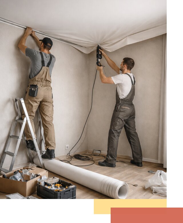 Монтаж цветного натяжного потолка в Барабинске за один день