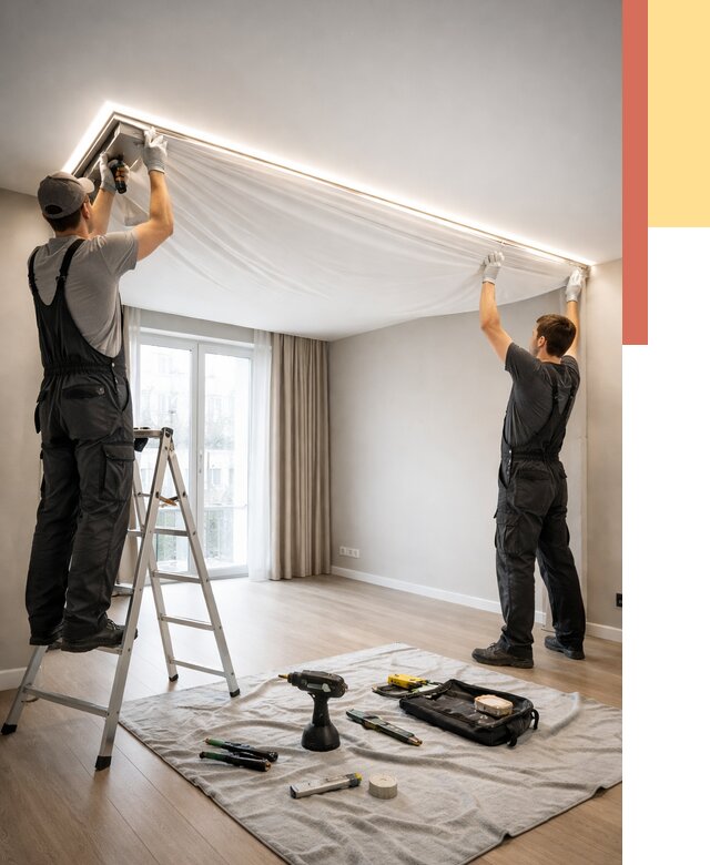 Монтаж парящего натяжного потолка в Барабинске от 4571 руб. быстро и недорого | ОТДЕЛОЧНИК-Ббн