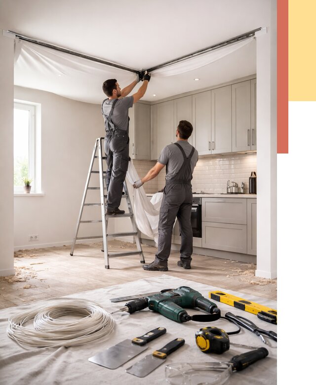 Установка натяжного потолка на кухне в Барабинске от 2438 руб. | ОТДЕЛОЧНИК-Ббн