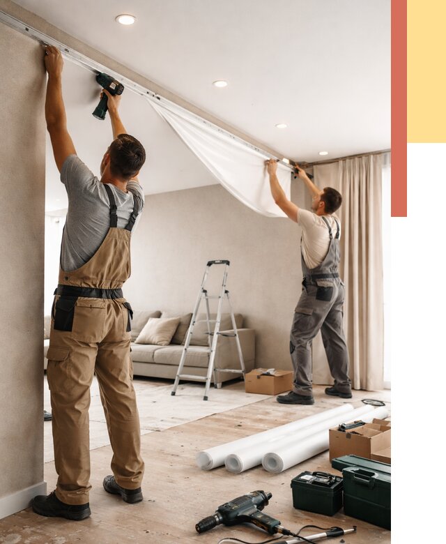 Монтаж натяжного потолка в гостиной в Барабинске от 559 руб. | ОТДЕЛОЧНИК-Ббн