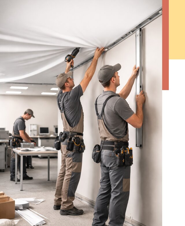 Монтаж натяжного потолка в офисе в Барабинске от 457 руб/м² — быстро и недорого | ОТДЕЛОЧНИК-Ббн