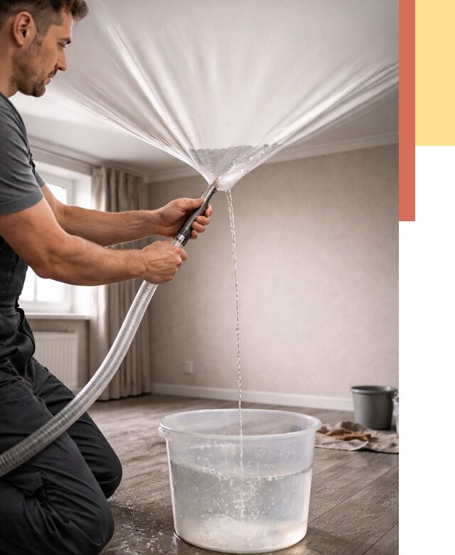 Слив воды с натяжного потолка в Барабинске от 2539 руб. быстро и недорого | ОТДЕЛОЧНИК-Ббн