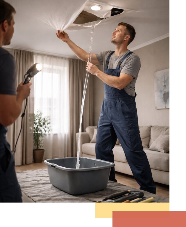 Слив воды с натяжного потолка в Барабинске быстро и аккуратно