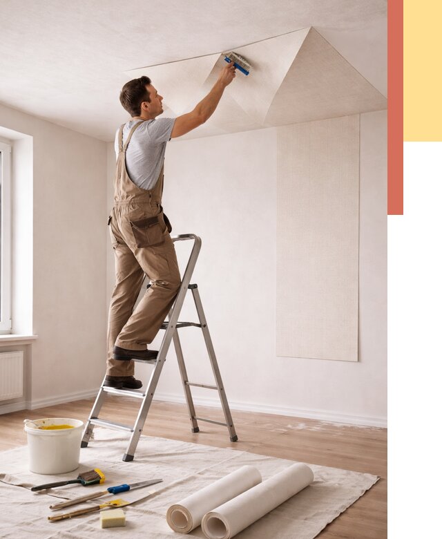 Поклейка обоев на потолок в Барабинске от 4571 руб. быстро и недорого | ОТДЕЛОЧНИК-Ббн